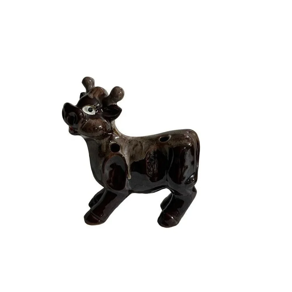 Vintage Ceramic Cow Plant Frog Planter Brown Bovine Animal Figure
